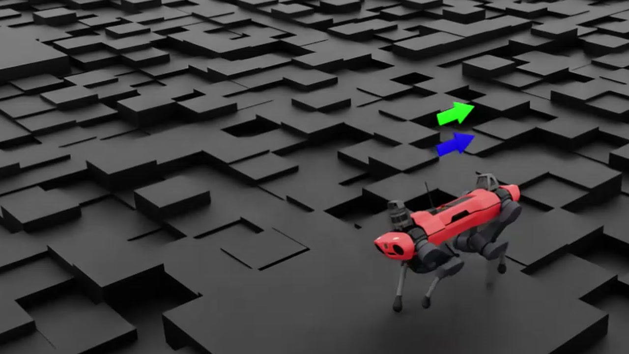ANYmal C quadruped traversing procedurally generated rough terrain in simulation